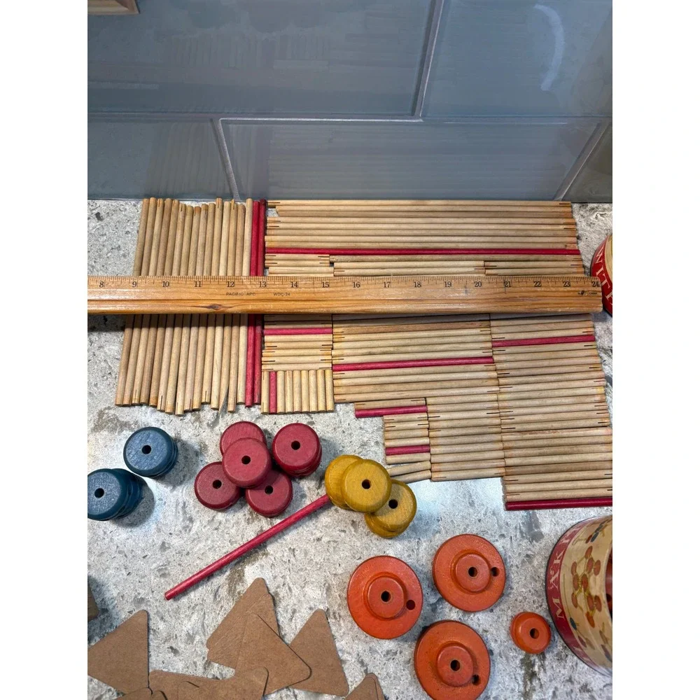 Vintage Makit Toy Jumbo Makit Wooden Building Set‎ w/ Canister